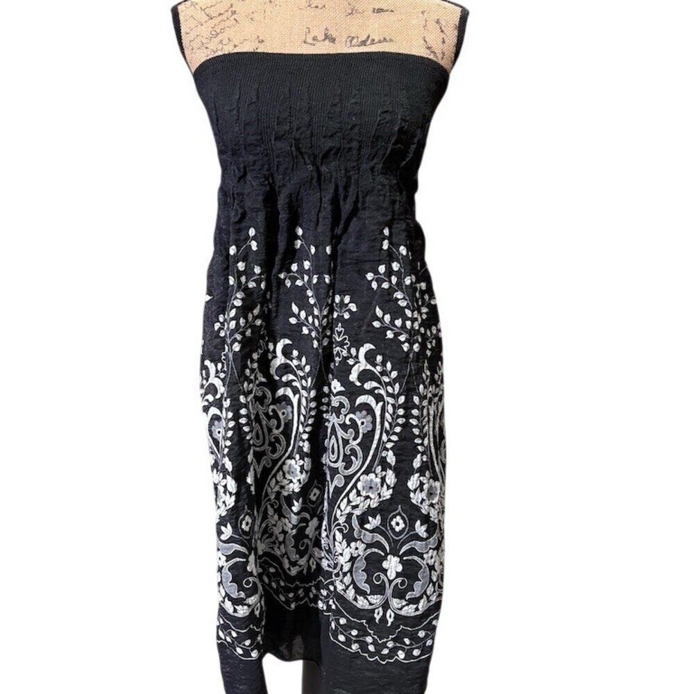 MSK Dress Womens XL Strapless Black & White Shimmer Floral Paisley Babydoll
